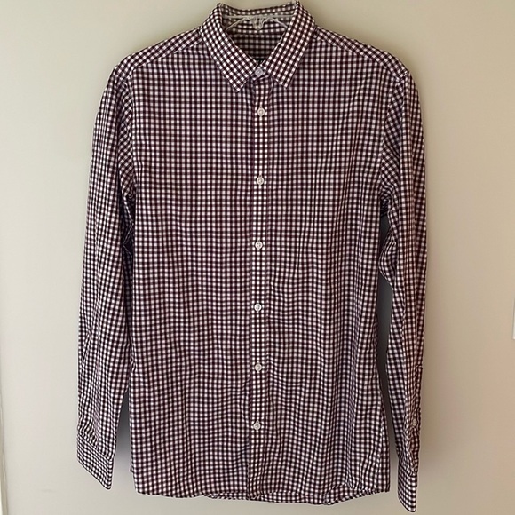 H&M Burgundy Maroon White Gingham Check Plaid Button Down Dress Shirt Men S - Picture 2 of 7